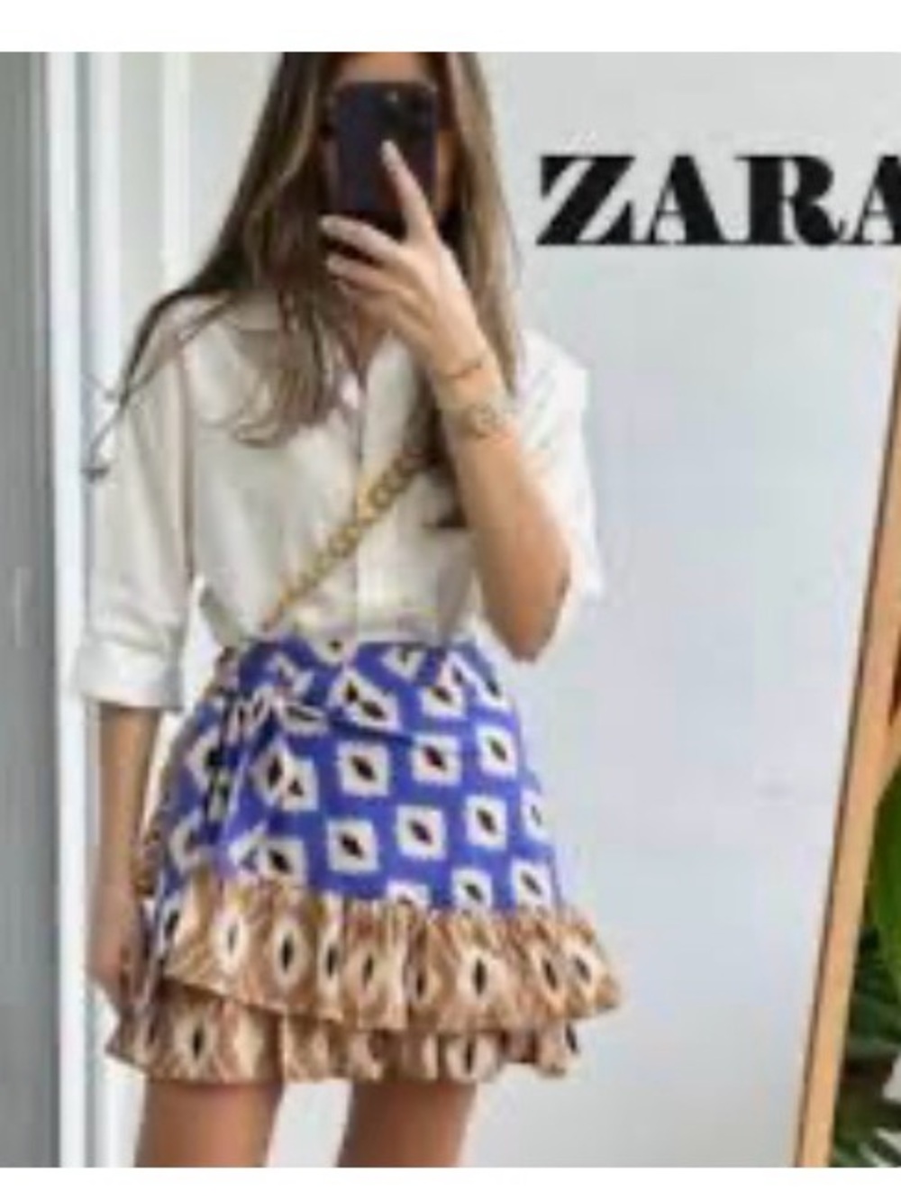 ZARA Blue Patterned wrap linen blend Mini Skirt